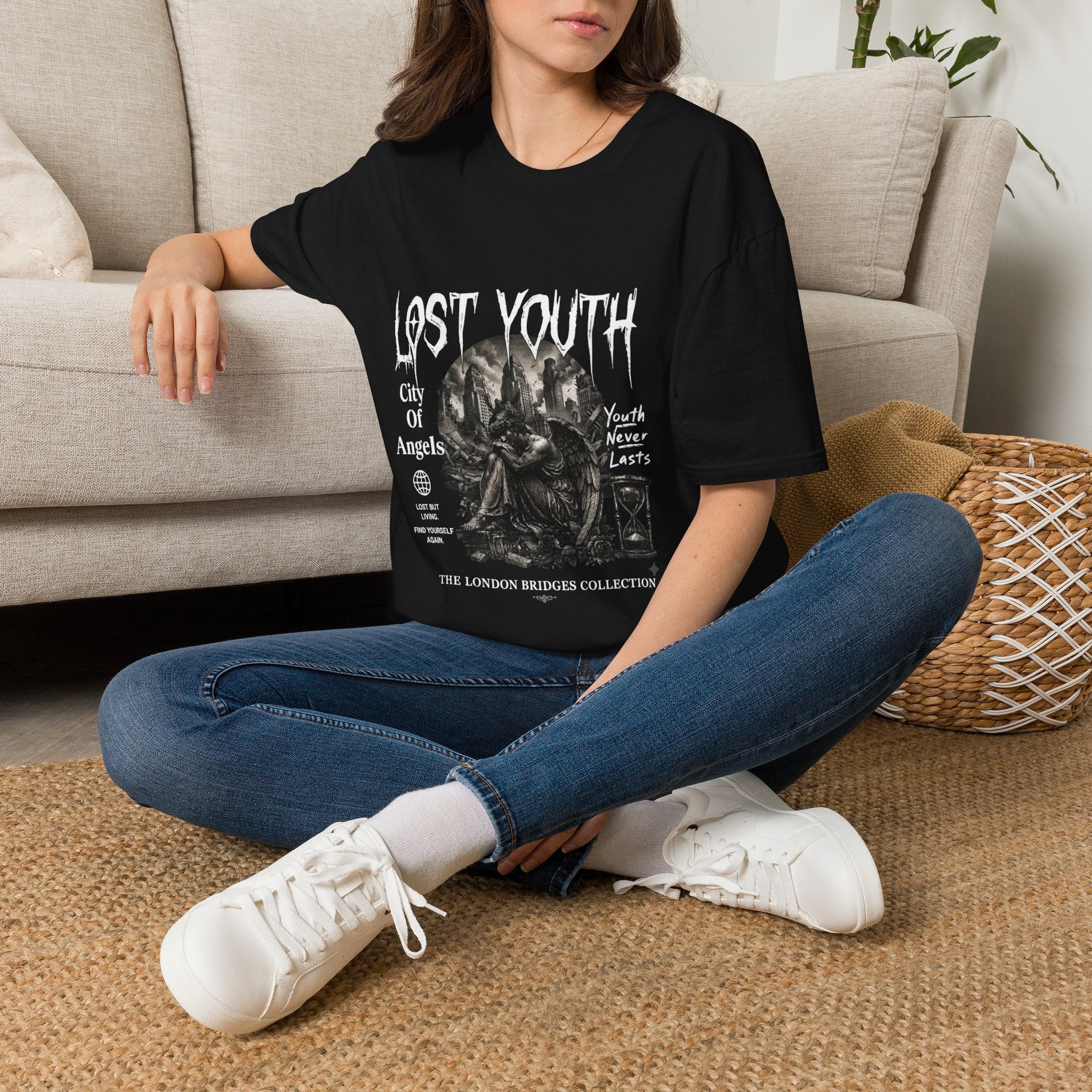 Lost Youth Graphic Gothic Cityscape Hourglass T-Shirt