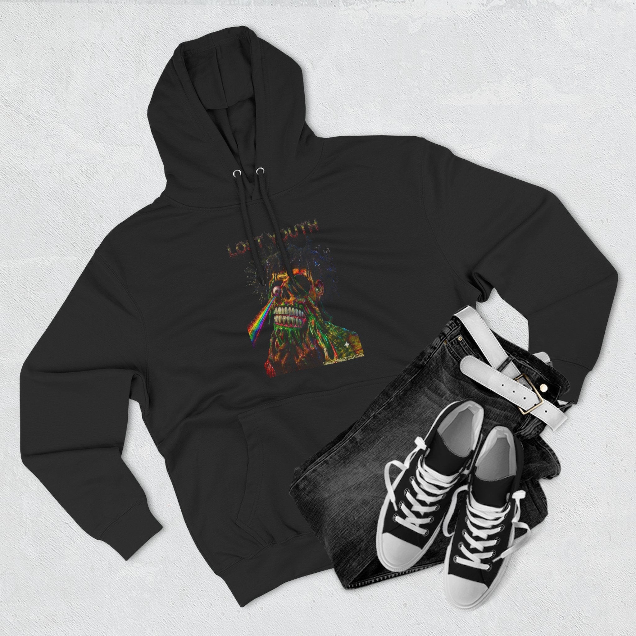 London Bridges Collection Lost Youth Graphic Hoodie — Rainbow Skull Streetwear