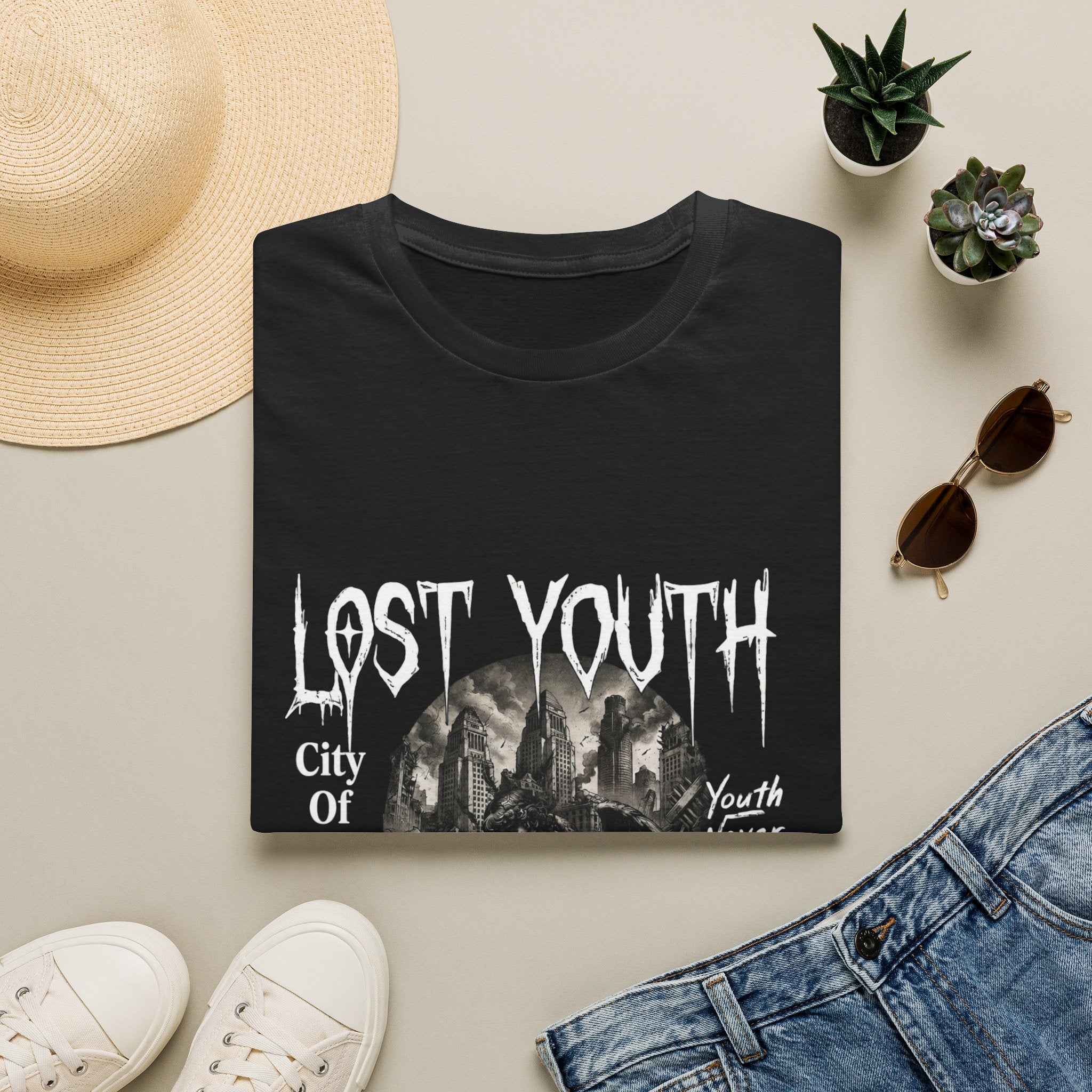 Lost Youth Graphic Gothic Cityscape Hourglass T-Shirt