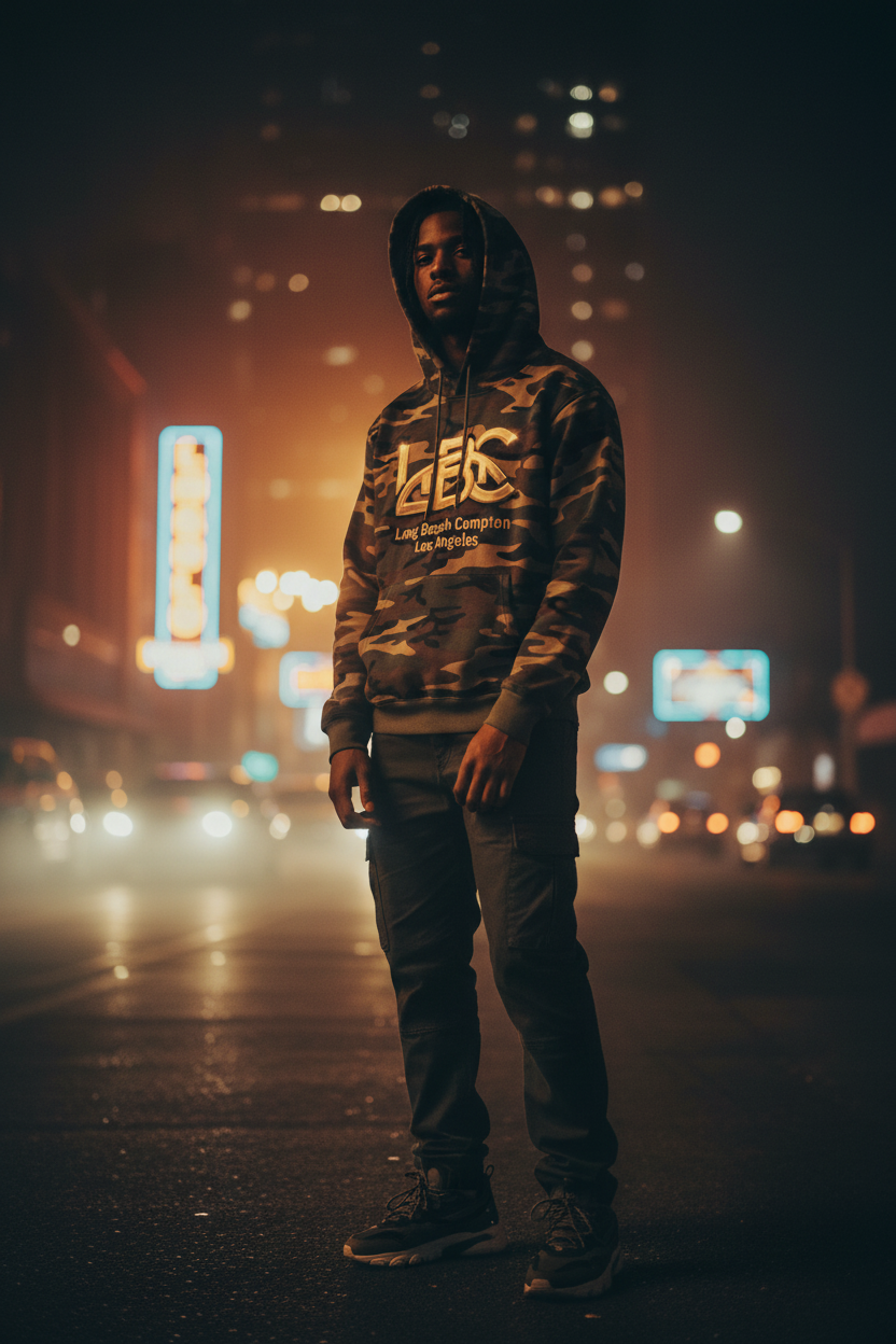 LBC Collection Men's Camo Pullover Hoodie — Gold Logo Streetwear Cotton Sweatshirt