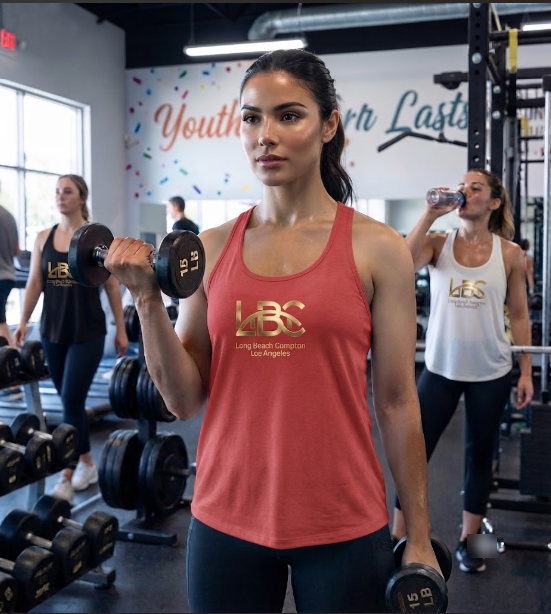 "LBC" Gold Logo Minimalist Women's Flowy Tank Racerback Tank Top