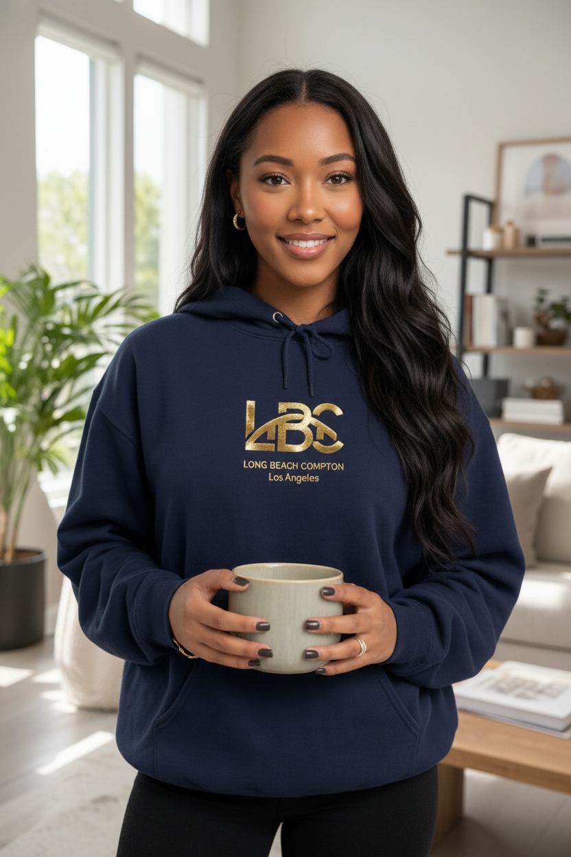 Model wearing navy blue LBC Gold Logo Lightweight Pullover Hoodie